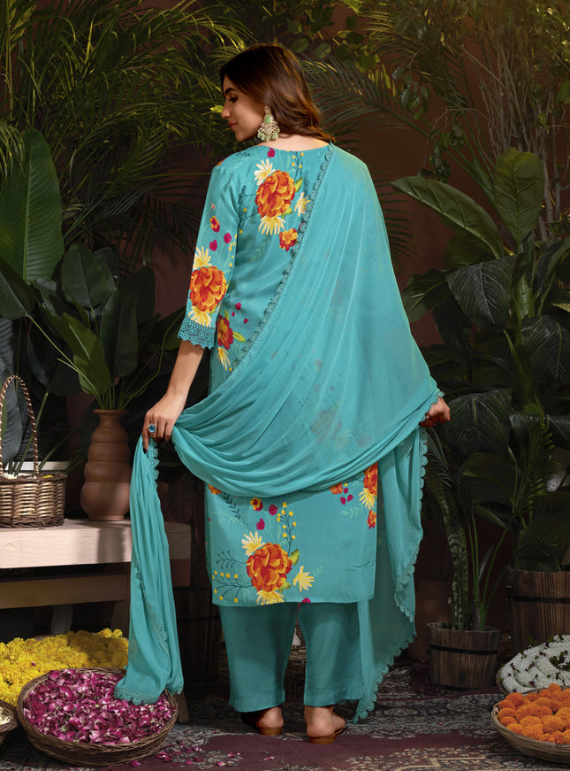 Sea Blue Muslin Printed Readymade Pant Kameez