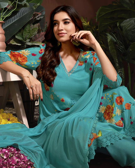 Sea Blue Muslin Printed Readymade Pant Kameez