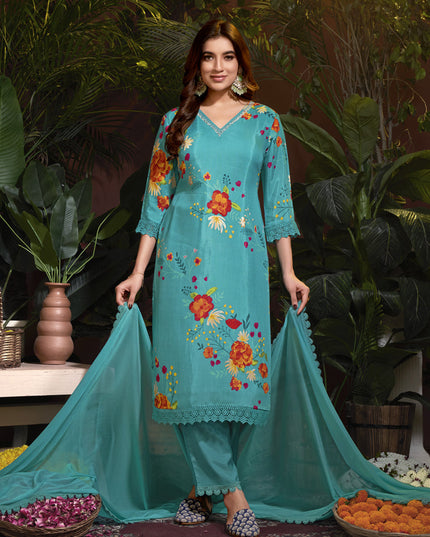 Sea Blue Muslin Printed Readymade Pant Kameez