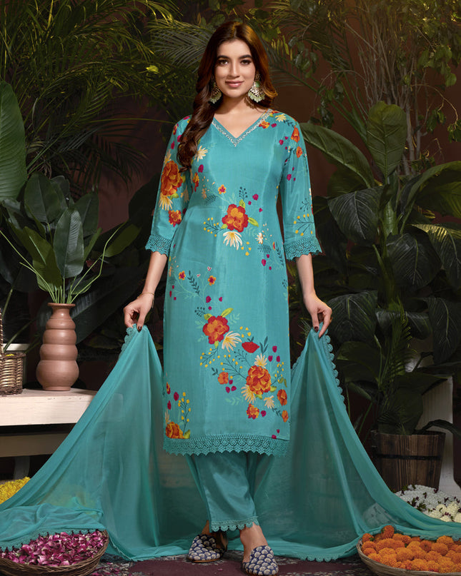 Sea Blue Muslin Printed Readymade Pant Kameez
