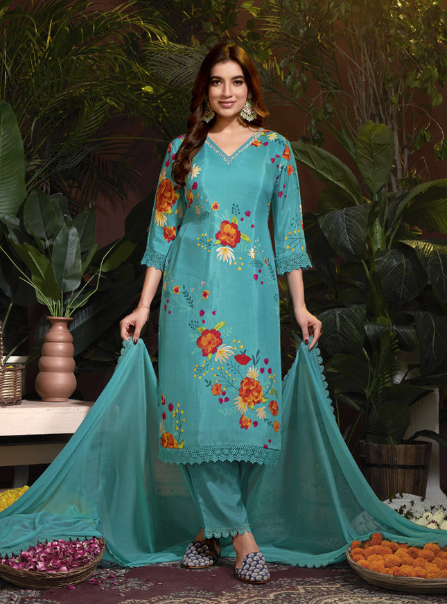 Sea Blue Muslin Printed Readymade Pant Kameez