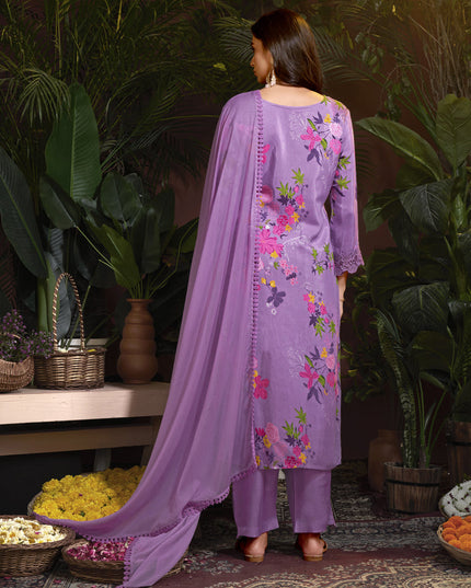 Lilac Pink Muslin Printed Readymade Pant Kameez