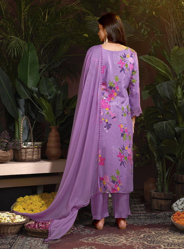 Lilac Pink Muslin Printed Readymade Pant Kameez