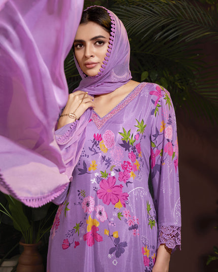 Lilac Pink Muslin Printed Readymade Pant Kameez