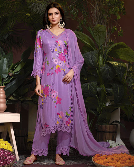 Lilac Pink Muslin Printed Readymade Pant Kameez