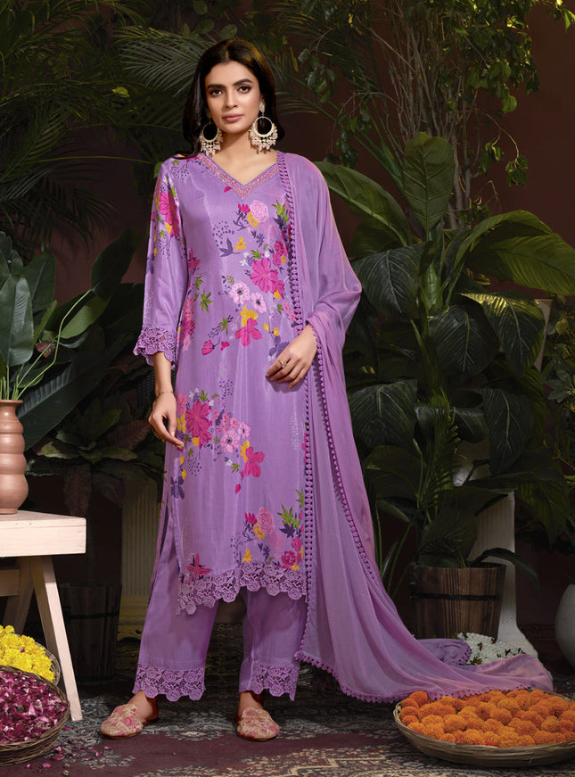 Lilac Pink Muslin Printed Readymade Pant Kameez