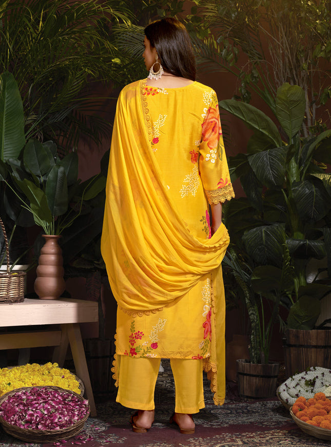 Sunny Yellow Muslin Printed Readymade Pant Kameez