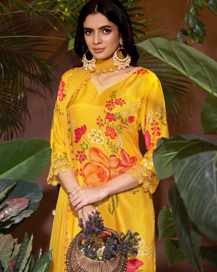 Sunny Yellow Muslin Printed Readymade Pant Kameez