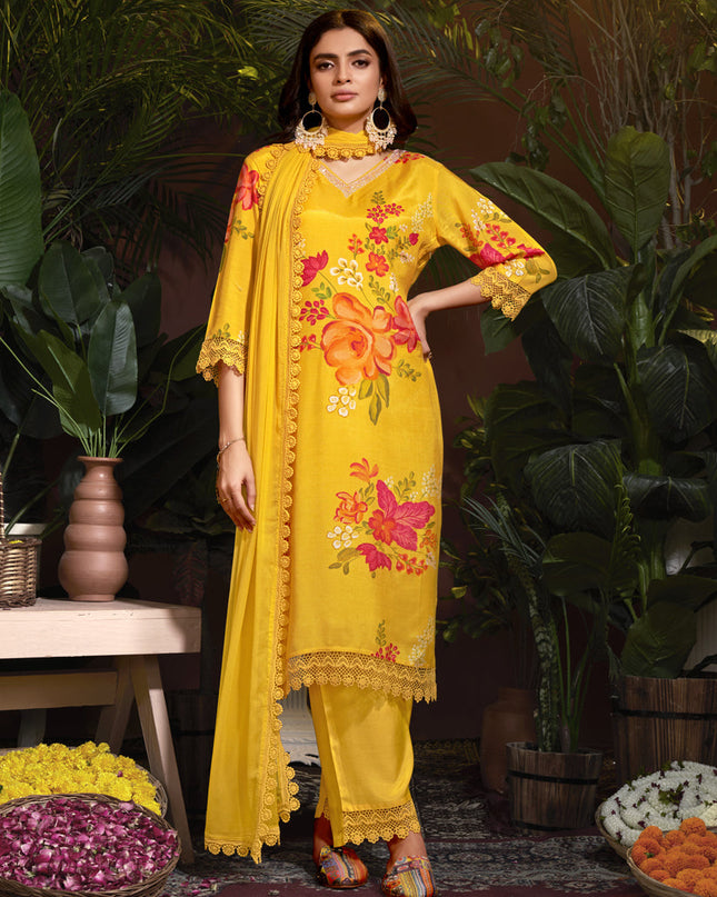 Sunny Yellow Muslin Printed Readymade Pant Kameez