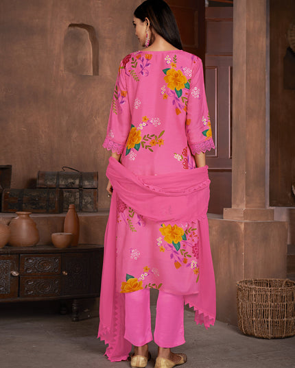 Hot Pink Muslin Printed Readymade Pant Kameez