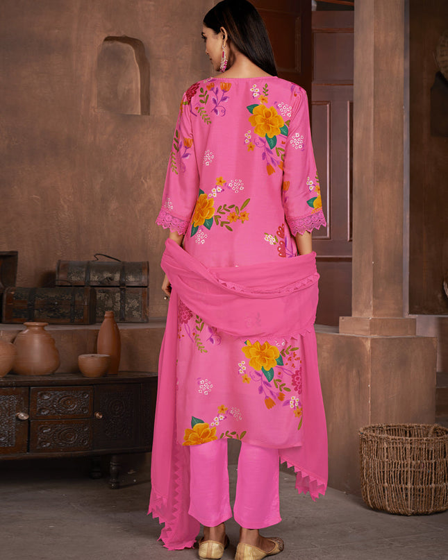 Hot Pink Muslin Printed Readymade Pant Kameez