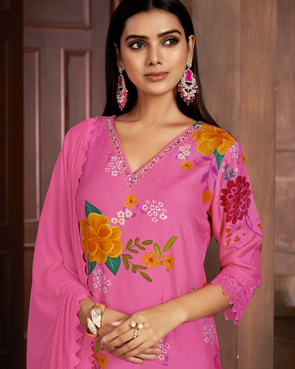 Hot Pink Muslin Printed Readymade Pant Kameez