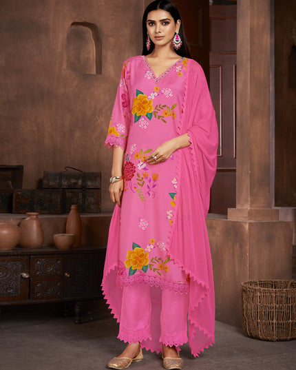 Hot Pink Muslin Printed Readymade Pant Kameez