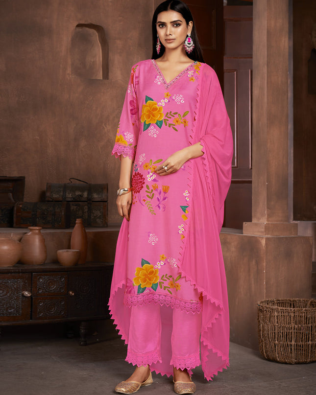 Hot Pink Muslin Printed Readymade Pant Kameez