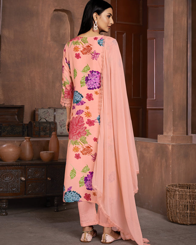 Peach Muslin Printed Readymade Pant Kameez