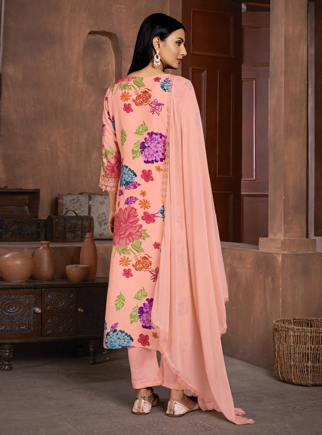 Peach Muslin Printed Readymade Pant Kameez