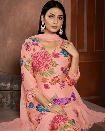 Peach Muslin Printed Readymade Pant Kameez