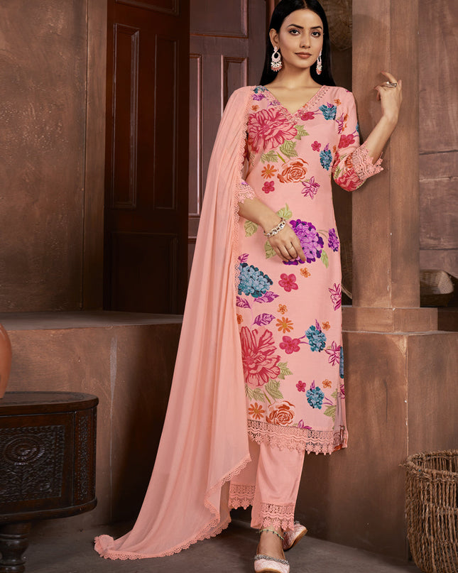 Peach Muslin Printed Readymade Pant Kameez