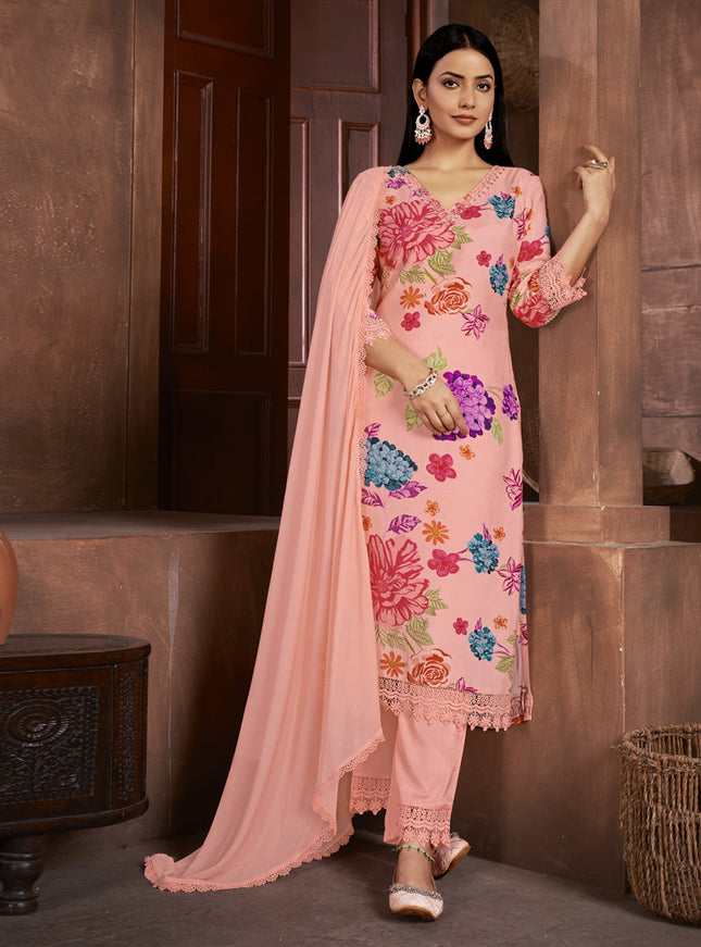 Peach Muslin Printed Readymade Pant Kameez