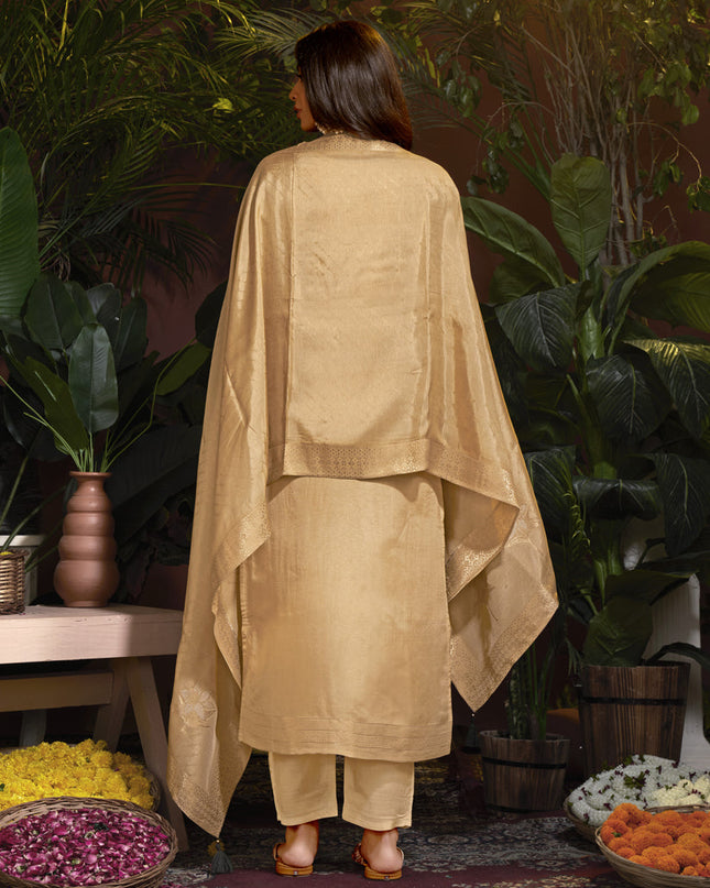 Beige Viscose Handwork Readymade Pant Kameez