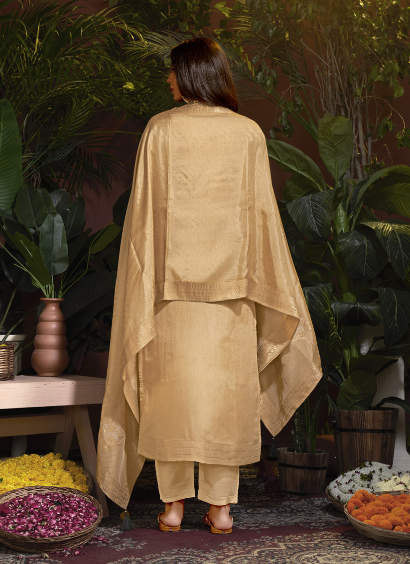 Beige Viscose Handwork Readymade Pant Kameez