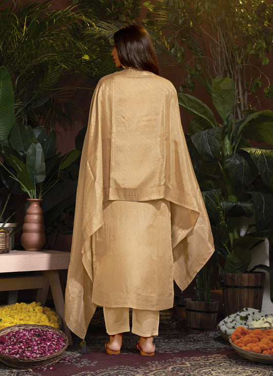 Beige Viscose Handwork Readymade Pant Kameez