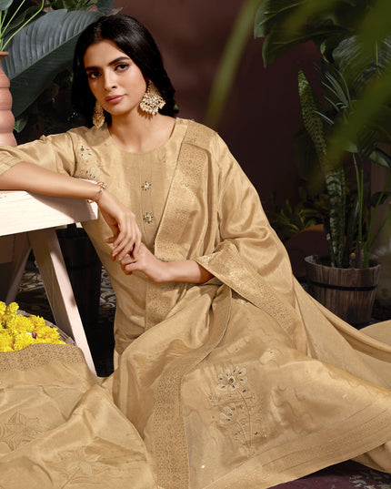 Beige Viscose Handwork Readymade Pant Kameez