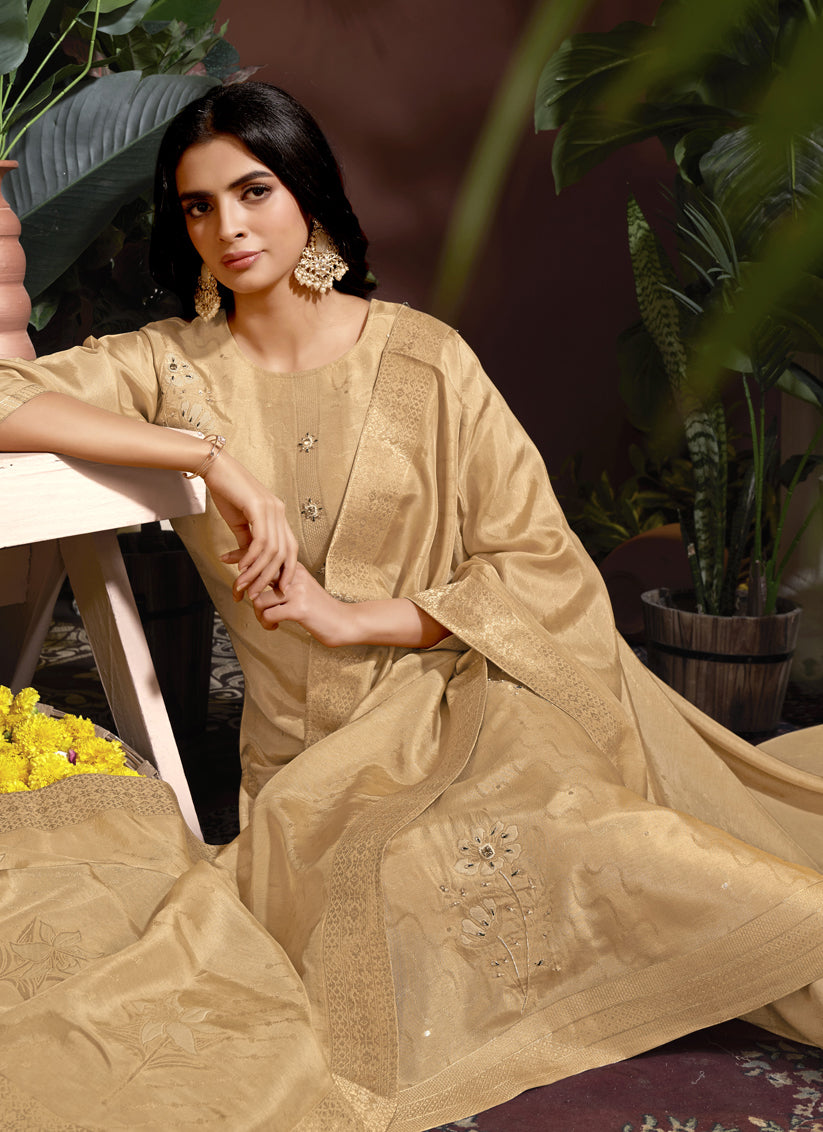 Beige Viscose Handwork Readymade Pant Kameez