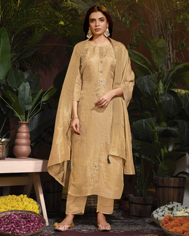 Beige Viscose Handwork Readymade Pant Kameez