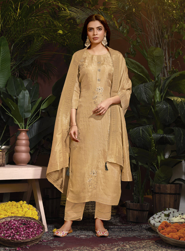 Beige Viscose Handwork Readymade Pant Kameez