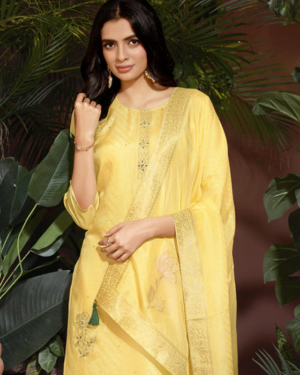 Pastel Yellow Viscose Handwork Readymade Pant Kameez