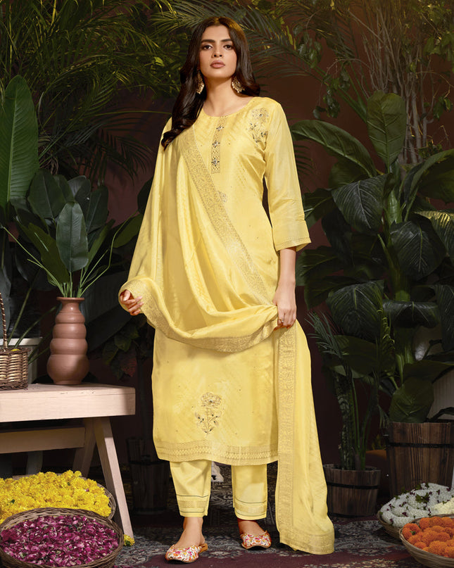 Pastel Yellow Viscose Handwork Readymade Pant Kameez