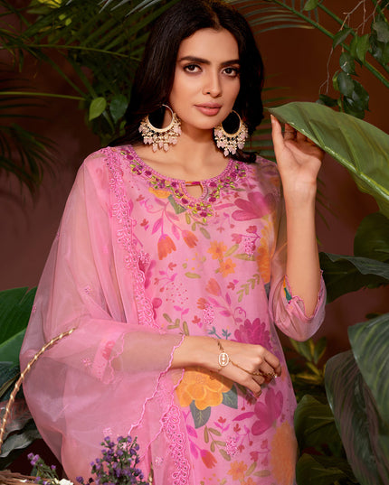 Carnation Pink Organza Embroidered Readymade Pant Kameez For Festival