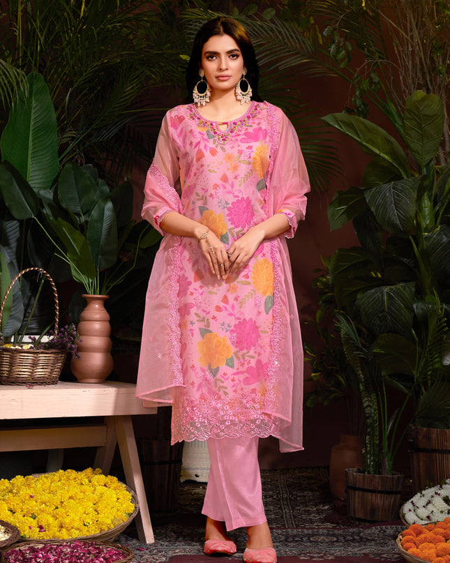 Carnation Pink Organza Embroidered Readymade Pant Kameez For Festival
