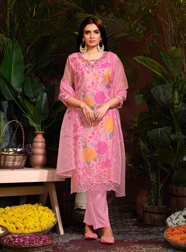 Carnation Pink Organza Embroidered Readymade Pant Kameez For Festival