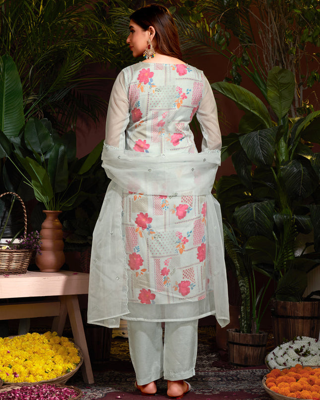 Silver Organza Embroidered Readymade Pant Kameez For Festival