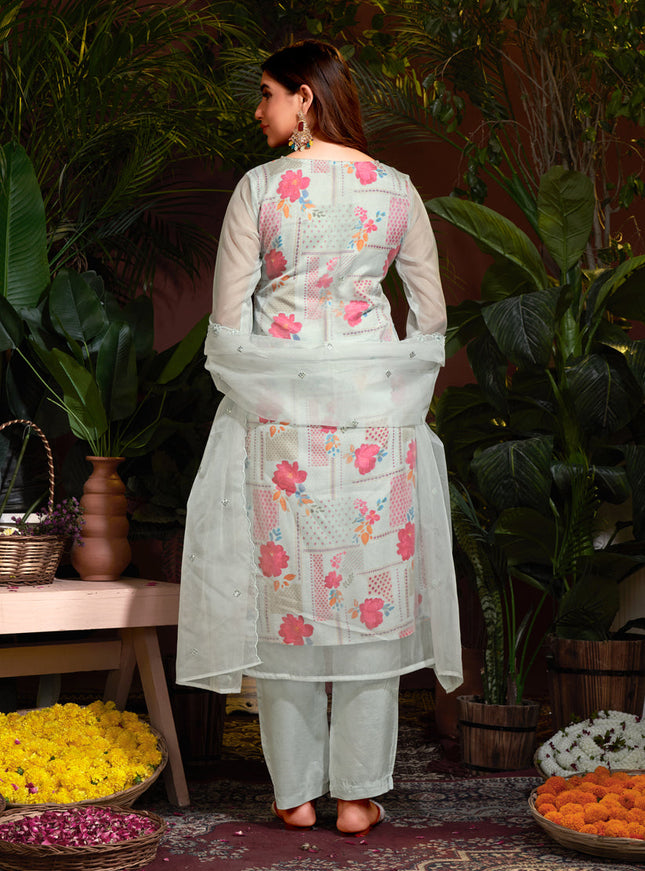 Silver Organza Embroidered Readymade Pant Kameez For Festival
