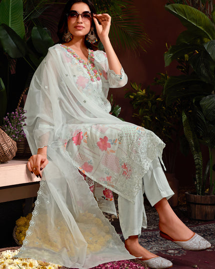 Silver Organza Embroidered Readymade Pant Kameez For Festival