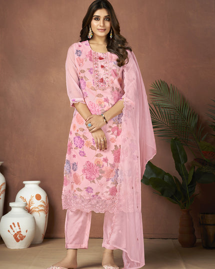 Rose Pink Organza Embroidered Readymade Pant Kameez For Festival