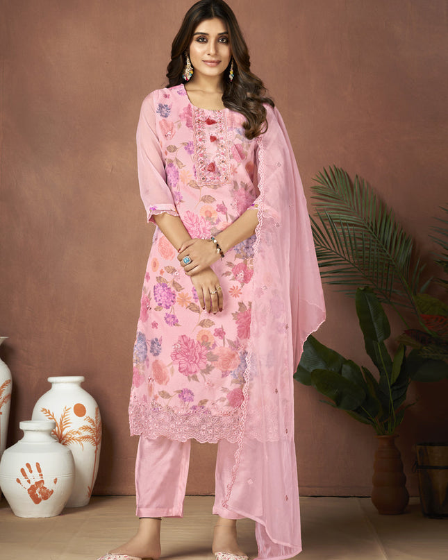 Rose Pink Organza Embroidered Readymade Pant Kameez For Festival