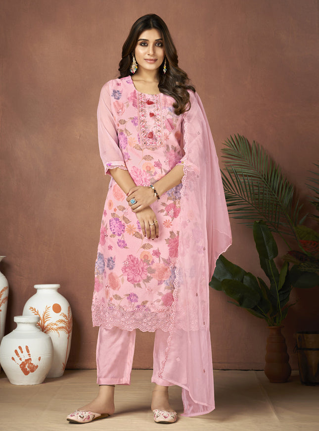 Rose Pink Organza Embroidered Readymade Pant Kameez For Festival