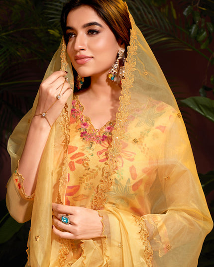 Yellow Organza Embroidered Readymade Pant Kameez For Festival