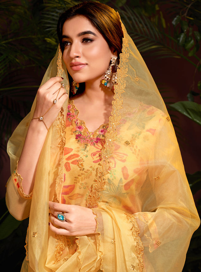 Yellow Organza Embroidered Readymade Pant Kameez For Festival