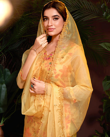 Yellow Organza Embroidered Readymade Pant Kameez For Festival