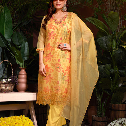 Yellow Organza Embroidered Readymade Pant Kameez For Festival