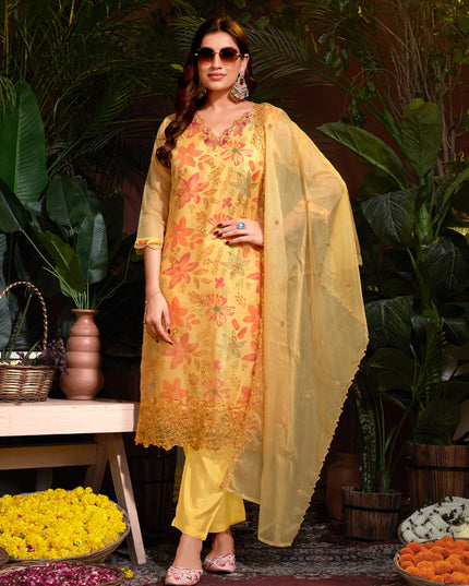 Yellow Organza Embroidered Readymade Pant Kameez For Festival