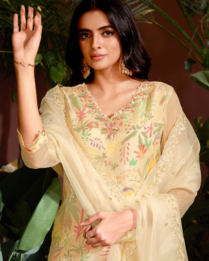 Cream Organza Embroidered Readymade Pant Kameez For Festival