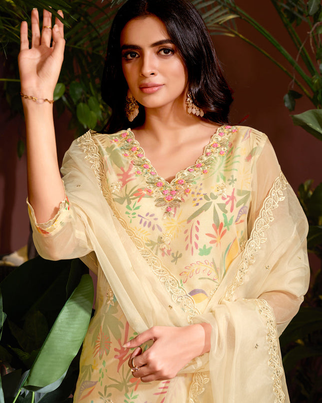 Cream Organza Embroidered Readymade Pant Kameez For Festival