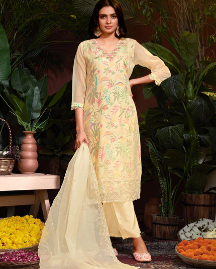 Cream Organza Embroidered Readymade Pant Kameez For Festival