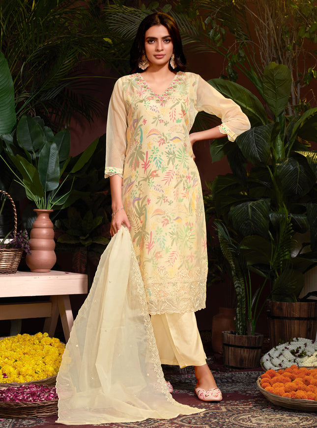 Cream Organza Embroidered Readymade Pant Kameez For Festival
